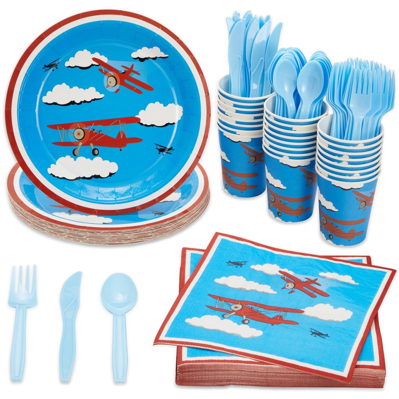 144 Piece Airplane Birthday Party Supplies Pack with Paper Plates, Cups, Napkins, and Cutlery (Serves 24)